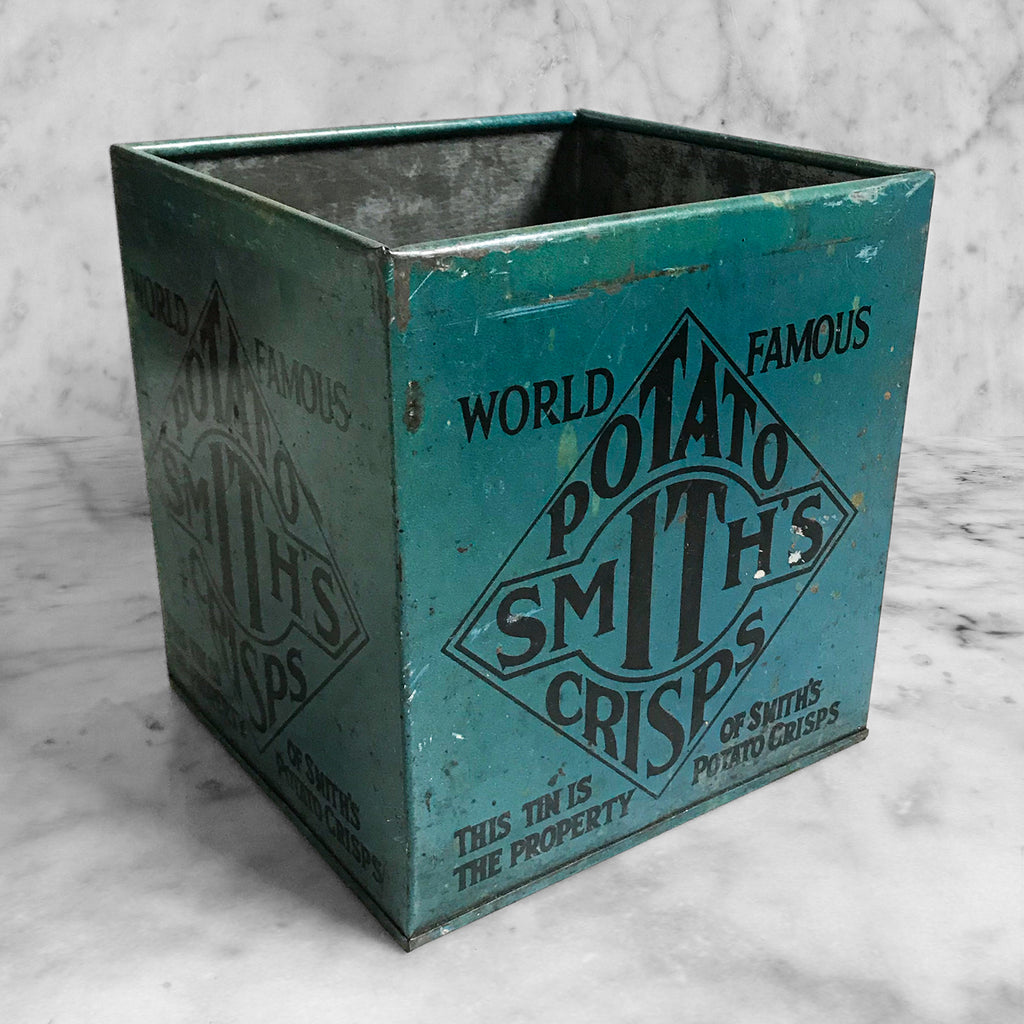 Early 1930s Smith's Potato Crisps shop counter box. These tins were supplied by the company to shops to put their freshly made Crisps in. In a great petrol blue colour with graphics to each side - SHOP NOW - www.intovintage.co.uk