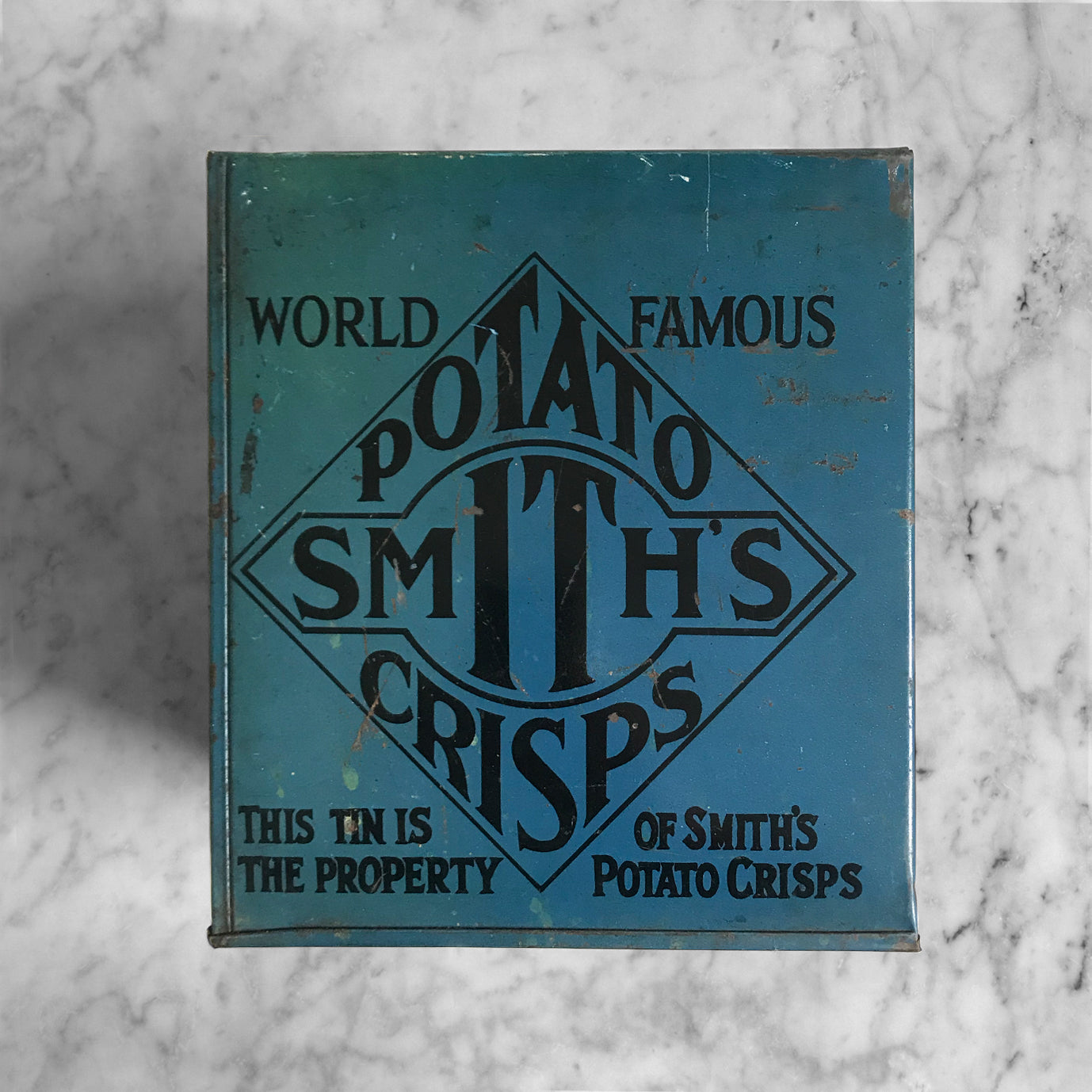 Early 1930s Smith's Potato Crisps shop counter box. These tins were supplied by the company to shops to put their freshly made Crisps in. In a great petrol blue colour with graphics to each side - SHOP NOW - www.intovintage.co.uk