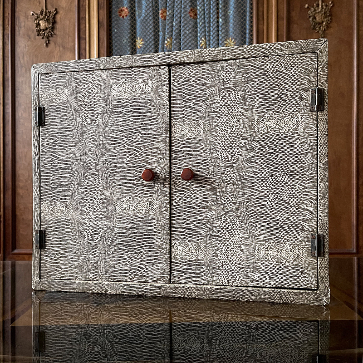 A rather good looking and very practical cabinet. The outer finish is of an original snakeskin paper which has achieved a wonderful tone of the years. Two pretty little original bakelite handles to the front doors with the inside having seven vertical compartments ideal for letters and correspondence - SHOP NOW - www.intovintage.co.uk