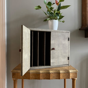A rather good looking and very practical cabinet. The outer finish is of an original snakeskin paper which has achieved a wonderful tone of the years. Two pretty little original bakelite handles to the front doors with the inside having seven vertical compartments ideal for letters and correspondence - SHOP NOW - www.intovintage.co.uk
