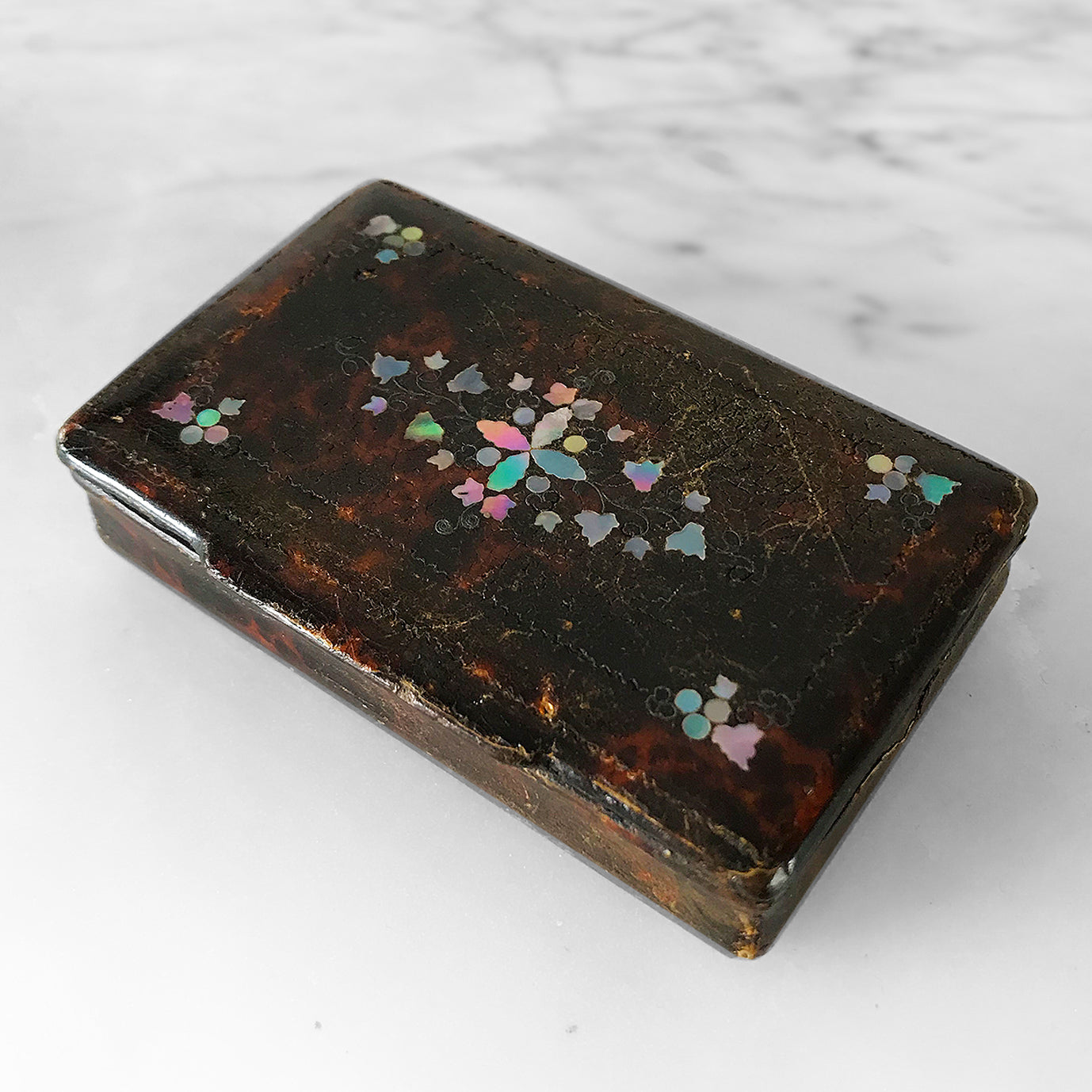 Charming little Papier Mache Snuff Box with Mother of Pearl inlay - SHOP NOW - www.intovintage.co.uk