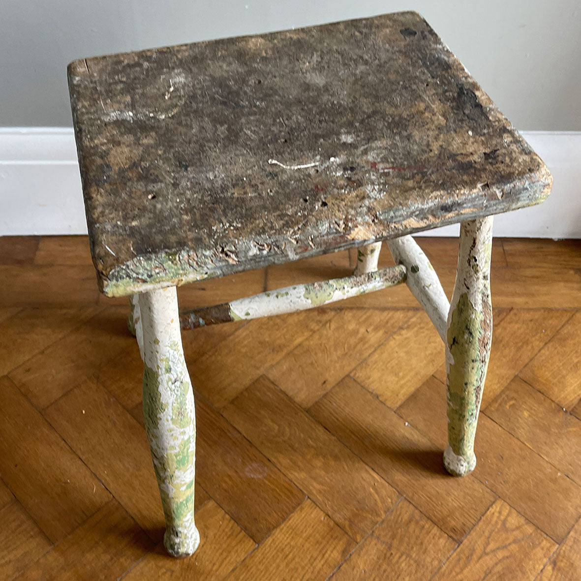 Good looking Vintage Painted Stool. Fantastic age age related wear and patina yet still totally solid. The green paint has worn and chipped away giving the stool that bang on look - SHOP NOW - www.intovintage.co.uk