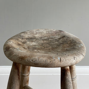 Vintage Elm Stool. Fantastic age age related wear and patina yet still totally solid. It had just enough weathering to give it that bang on look. The seat section has a wonderful dip to it, nicely turned legs and a superb centre joint on the cross stretchers - SHOP NOW - www.intovintage.co.uk