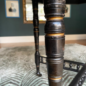 A Victorian marquetry & ebonised octagonal centre table in the Aesthetic manner by Alexander Mackenzie & Co, Glasgow.The top sees a rich burr wood veneer edged with fine blond wood marquetry, whilst underneath sees four turned ebonised legs with gold painted detailing and crossed bobbin stretchers - SHOP NOW - www.intovintage.co.uk