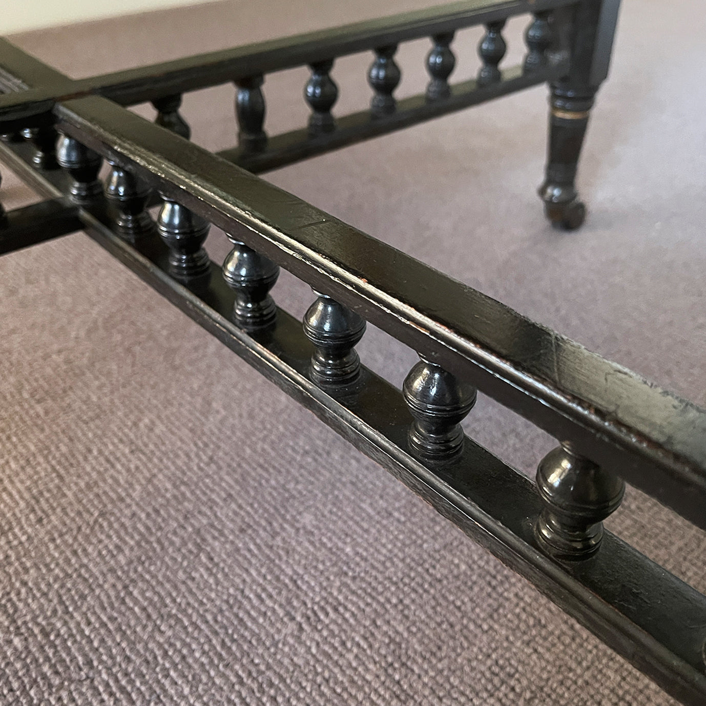 A Victorian marquetry & ebonised octagonal centre table in the Aesthetic manner by Alexander Mackenzie & Co, Glasgow.The top sees a rich burr wood veneer edged with fine blond wood marquetry, whilst underneath sees four turned ebonised legs with gold painted detailing and crossed bobbin stretchers - SHOP NOW - www.intovintage.co.uk