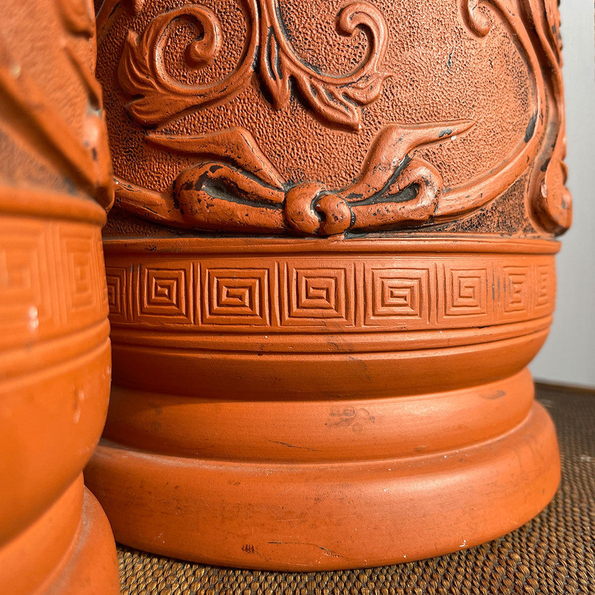 A stunning pair of large Japanese Tokoname Terracotta Vase with a beautiful deep decoration of chrysanthemums and vines. Dating from the late 19th C. Both marked on their bases. No chips, just perfect! - SHOP NOW - www.intovintage.co.uk