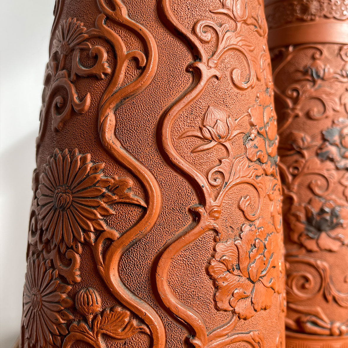 A stunning pair of large Japanese Tokoname Terracotta Vase with a beautiful deep decoration of chrysanthemums and vines. Dating from the late 19th C. Both marked on their bases. No chips, just perfect! - SHOP NOW - www.intovintage.co.uk