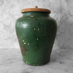 Antique Dark Shag Tobacco Jar. Finished in a wonderfully distressed deep bottle green with the words 'DARK SHAG' on a gold background above the image of a young lady in period dress - SHOP NOW - www.intovintage.co.uk