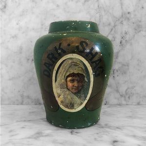 Antique Dark Shag Tobacco Jar. Finished in a wonderfully distressed deep bottle green with the words 'DARK SHAG' on a gold background above the image of a young lady in period dress - SHOP NOW - www.intovintage.co.uk