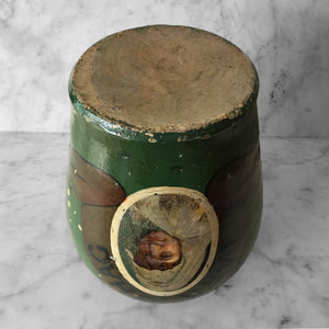 Antique Dark Shag Tobacco Jar. Finished in a wonderfully distressed deep bottle green with the words 'DARK SHAG' on a gold background above the image of a young lady in period dress - SHOP NOW - www.intovintage.co.uk