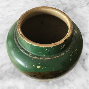 Antique Dark Shag Tobacco Jar. Finished in a wonderfully distressed deep bottle green with the words 'DARK SHAG' on a gold background above the image of a young lady in period dress - SHOP NOW - www.intovintage.co.uk