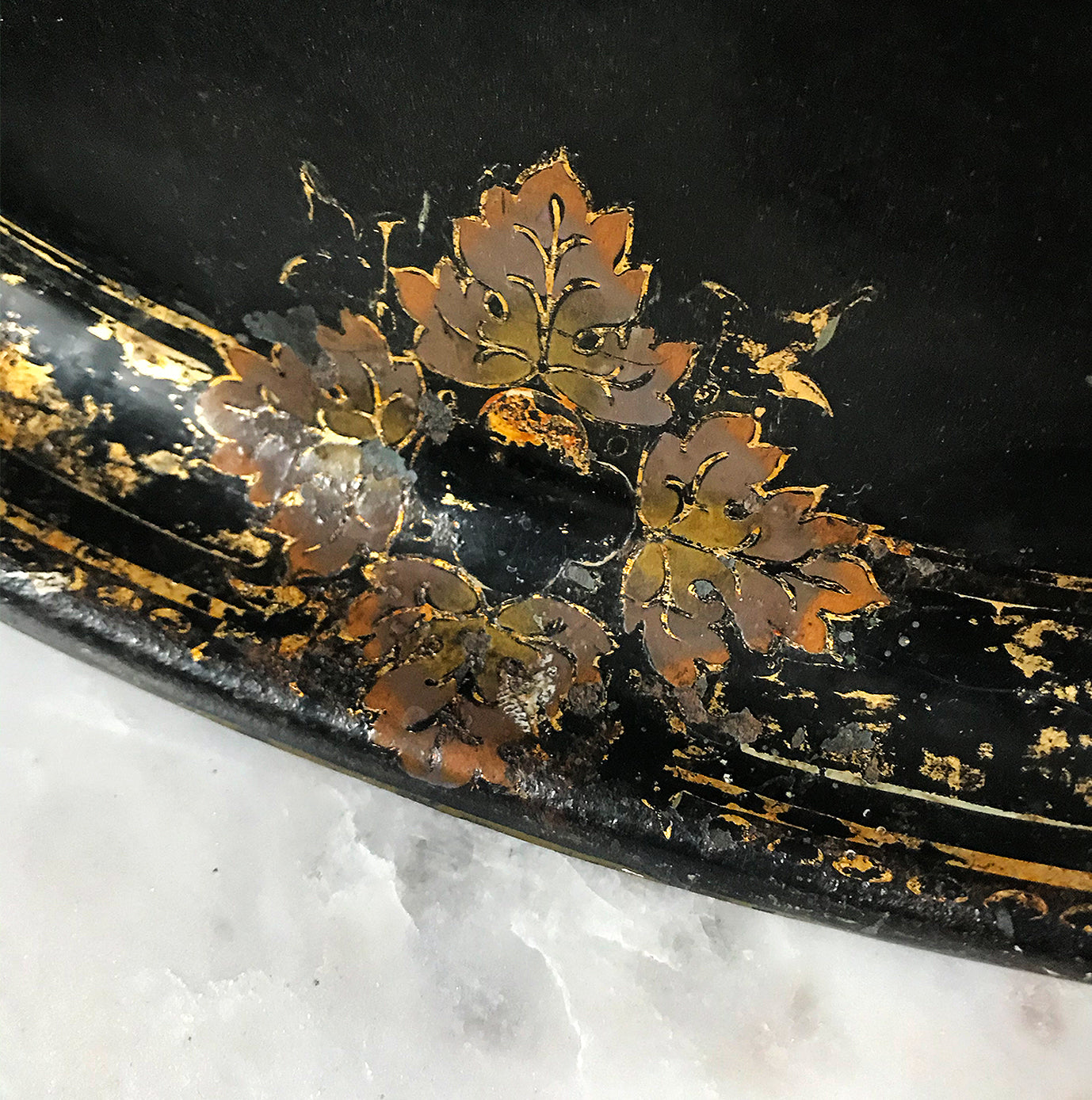 Beautifully aged Victorian Toleware Tray. A large metal tray finished in a beautifully designed gold border with vine leaves that has aged perfectly over the years - SHOP NOW - www.intovintage.co.uk
