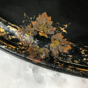Beautifully aged Victorian Toleware Tray. A large metal tray finished in a beautifully designed gold border with vine leaves that has aged perfectly over the years - SHOP NOW - www.intovintage.co.uk