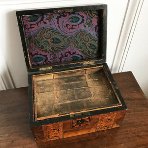 A pretty Victorian Tunbridge Ware banded sewing Box. Made from Walnut with inlaid marquetry to the top and front - SHOP NOW - www.intovintage.co.uk