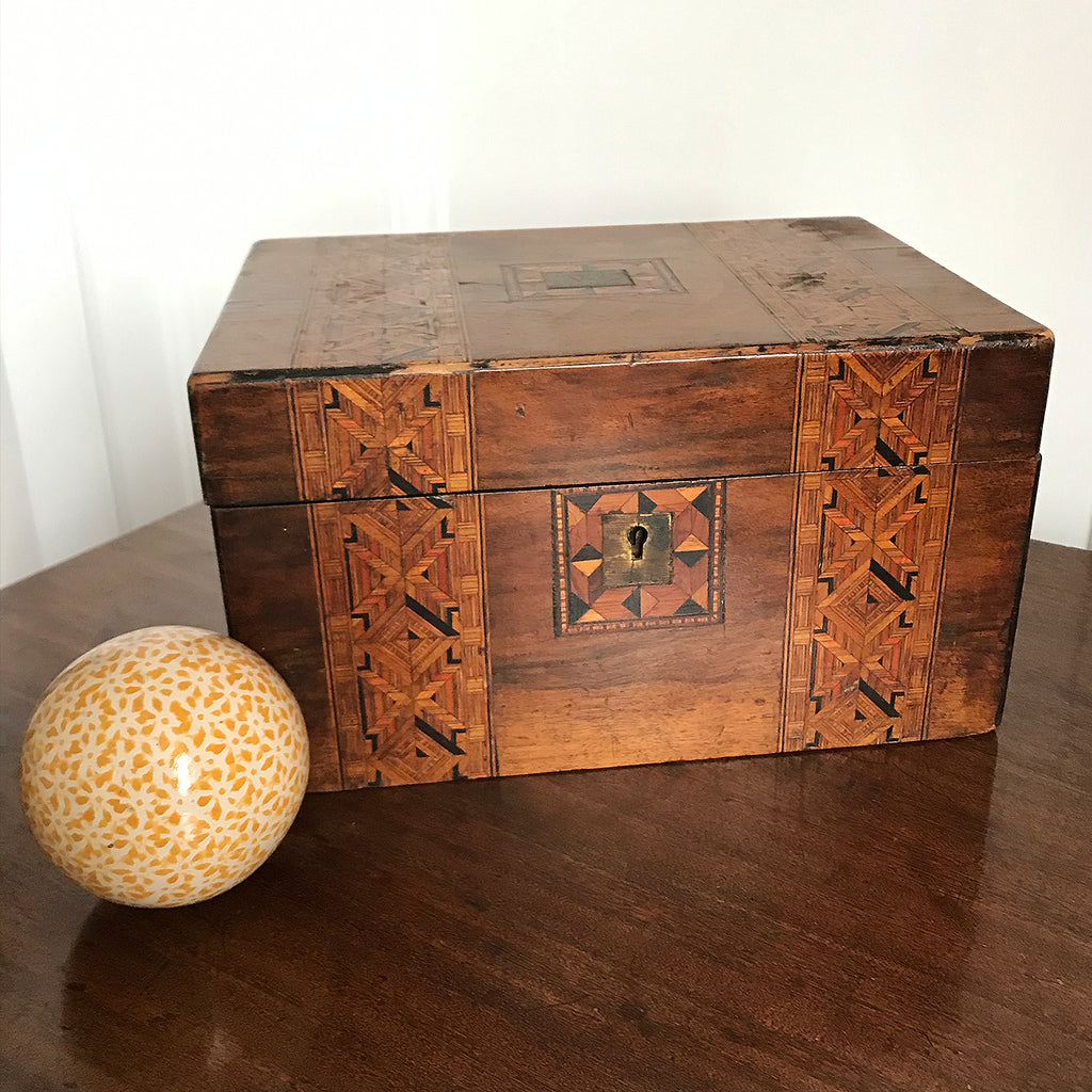 A pretty Victorian Tunbridge Ware banded sewing Box. Made from Walnut with inlaid marquetry to the top and front - SHOP NOW - www.intovintage.co.uk