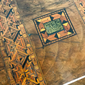 A pretty Victorian Tunbridge Ware banded sewing Box. Made from Walnut with inlaid marquetry to the top and front - SHOP NOW - www.intovintage.co.uk