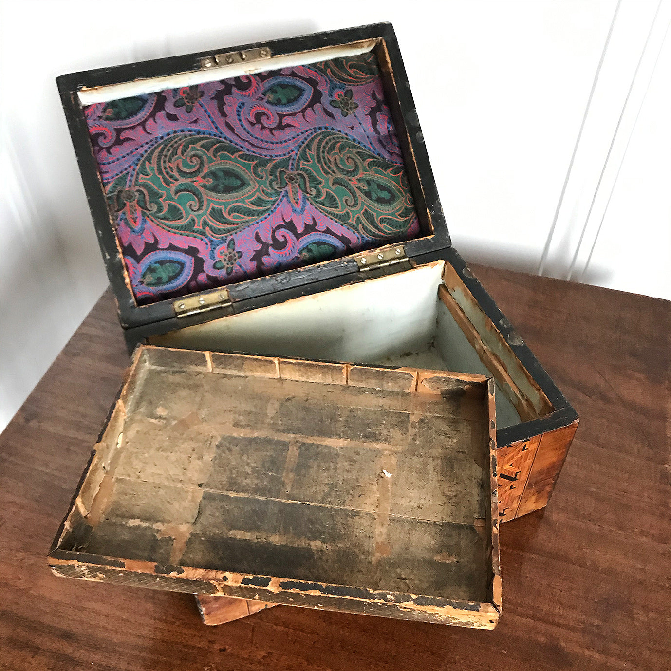 A pretty Victorian Tunbridge Ware banded sewing Box. Made from Walnut with inlaid marquetry to the top and front - SHOP NOW - www.intovintage.co.uk