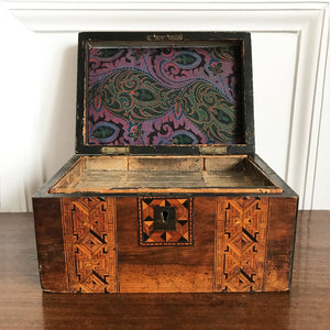 A pretty Victorian Tunbridge Ware banded sewing Box. Made from Walnut with inlaid marquetry to the top and front - SHOP NOW - www.intovintage.co.uk