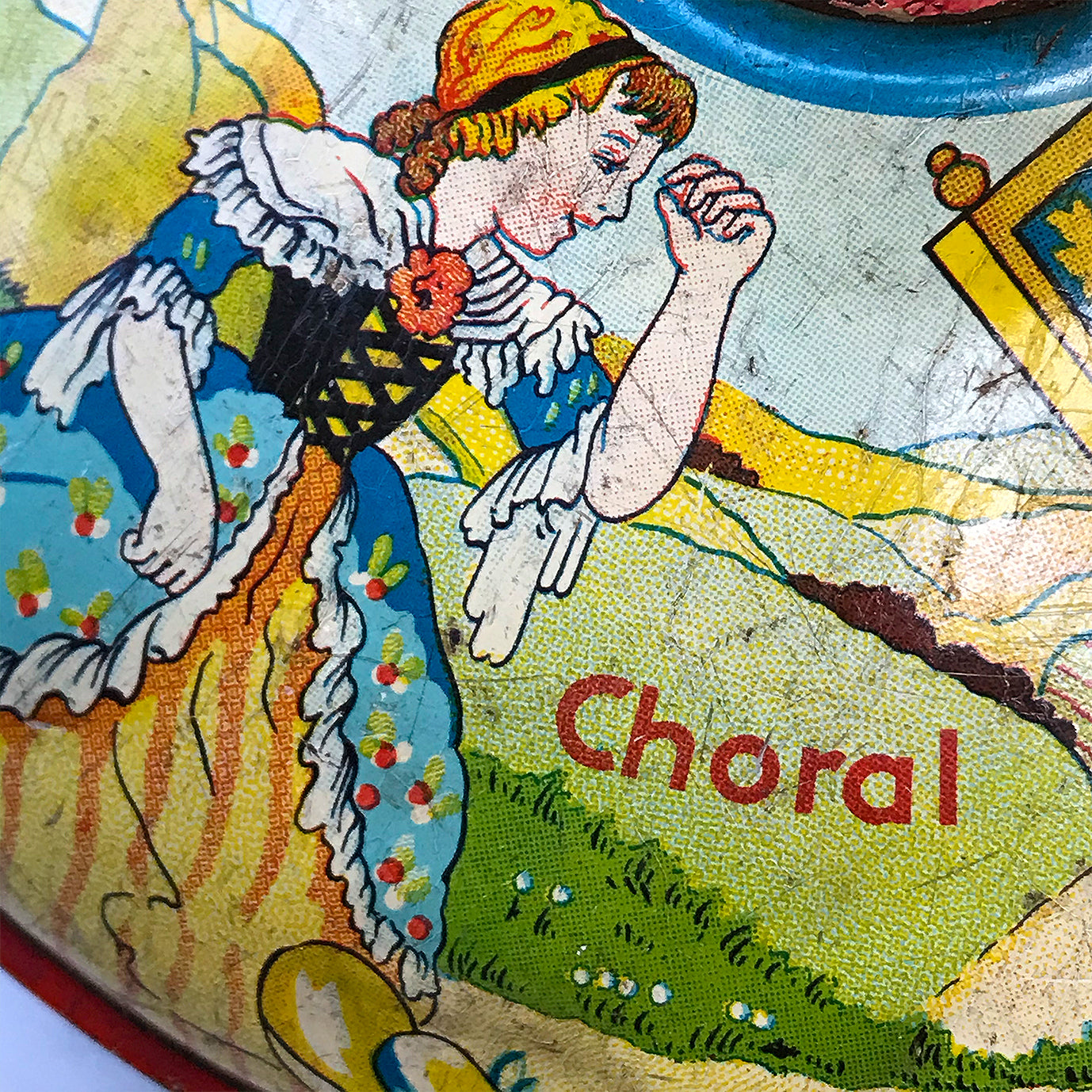 Colourful 1950's Tin Spinning Top covered in wonderful nursery rhyme illustrations Marked MFZ which stands for Michael Fuchs auf Zindorf. It was made in the U.S Zone, Germany - SHOP NOW - www.intovintage.co.uk