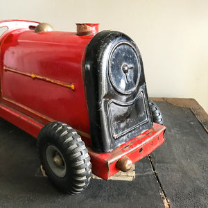 Vintage Tri-ang Express Toy Train. Finished in a glorious red colour with yellow painted details. It has two original Tri-ang Express decals on its sides - SHOP NOW - www.intovintage.co.uk