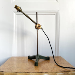 A C.F Palmer of London adjustable Lab Lamp. The heavy cast base is marked 'C.F. PALMER & Co' & 'LONDON .S.W.' It has brass upright and cross poles, with brass adjustment block with a black wing nut. - SHOP NOW - www.intovintage.co.uk