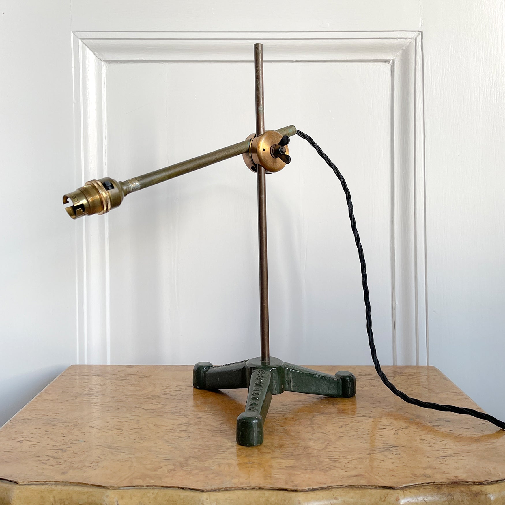 A C.F Palmer of London adjustable Lab Lamp. The heavy cast base is marked 'C.F. PALMER & Co' & 'LONDON .S.W.' It has brass upright and cross poles, with brass adjustment block with a black wing nut. - SHOP NOW - www.intovintage.co.uk