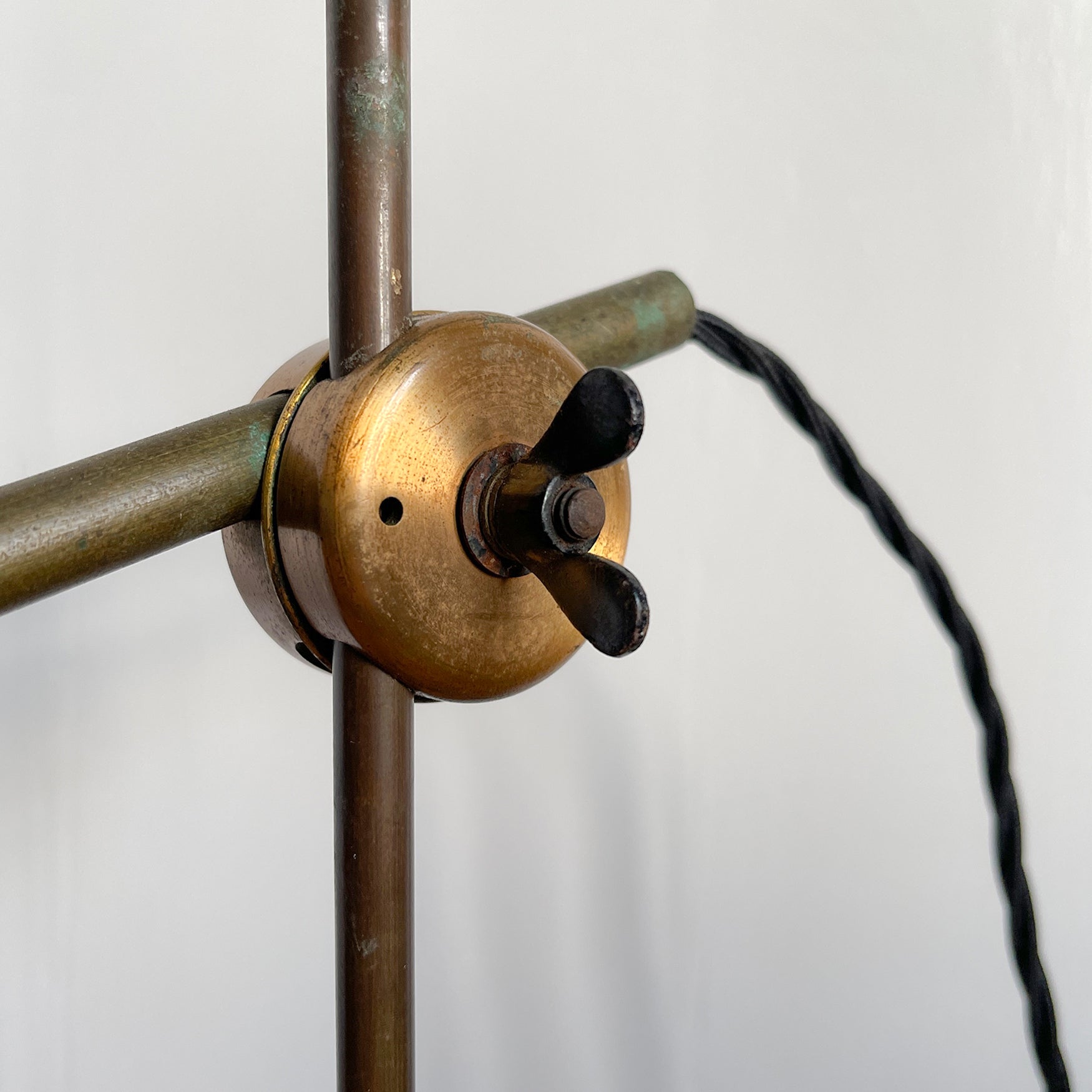 A C.F Palmer of London adjustable Lab Lamp. The heavy cast base is marked 'C.F. PALMER & Co' & 'LONDON .S.W.' It has brass upright and cross poles, with brass adjustment block with a black wing nut. - SHOP NOW - www.intovintage.co.uk