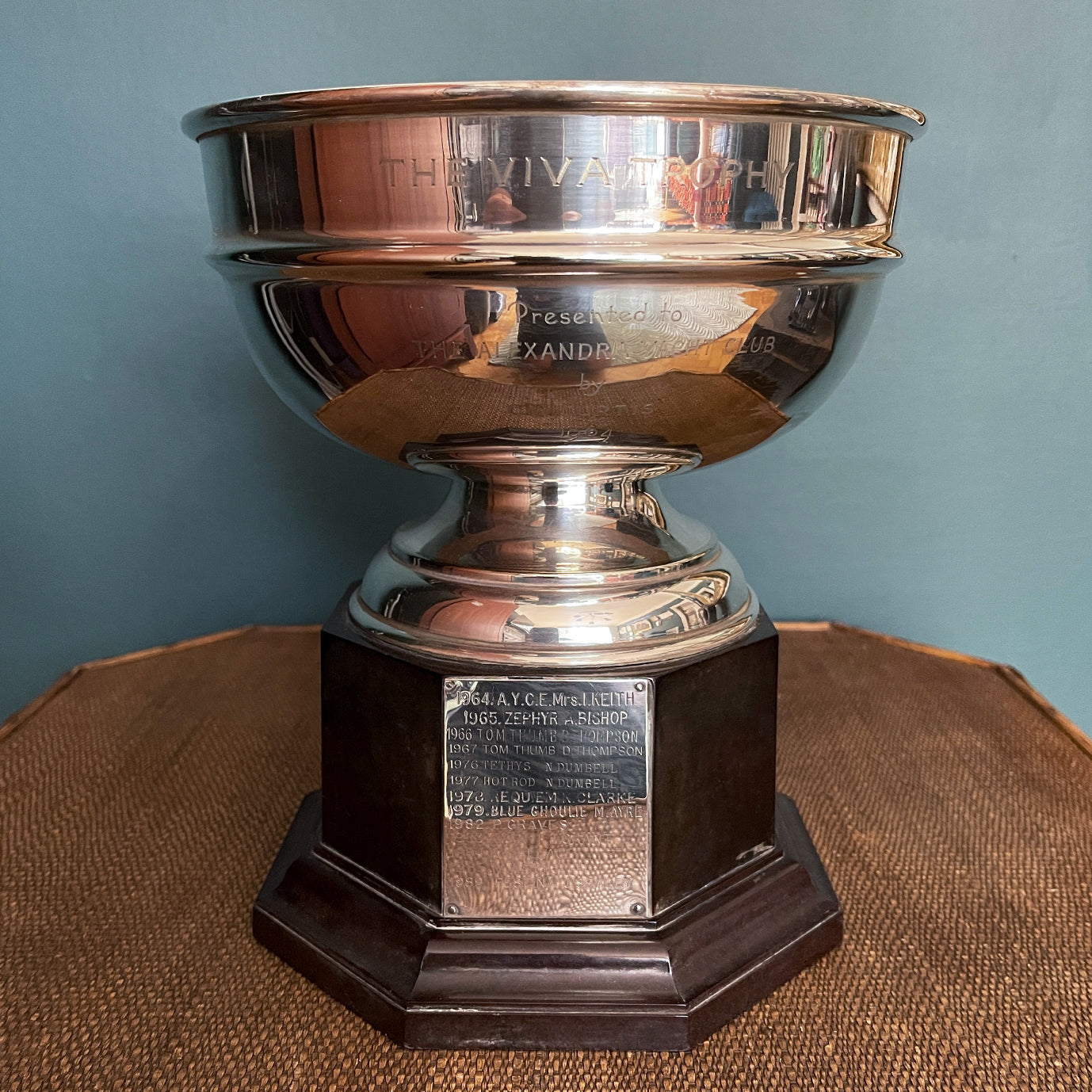 A Silver Plate Yacht Club Trophy from the Southend on Sea Alexandra Yacht Club. The Viva Trophy was first presented in 1964 through to 1989. The base is in bakelite and has a silver plated name plate displaying the names of the yachts and the skippers that have won - SHOP NOW - www.intovintage.co.uk