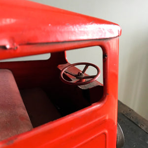 Cool Vintage Tri-ang Van No 200. The cab and wheel arches are finished in a popping red colour with the back storage section finished in a retro period light blue. It has two original Tri-ang decals on the sides and a pressed tin front radiator and lights - SHOP NOW - www.intovintage.co.uk