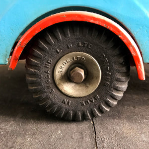 Cool Vintage Tri-ang Van No 200. The cab and wheel arches are finished in a popping red colour with the back storage section finished in a retro period light blue. It has two original Tri-ang decals on the sides and a pressed tin front radiator and lights - SHOP NOW - www.intovintage.co.uk