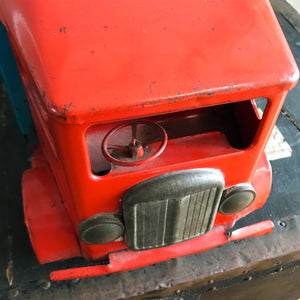 Cool Vintage Tri-ang Van No 200. The cab and wheel arches are finished in a popping red colour with the back storage section finished in a retro period light blue. It has two original Tri-ang decals on the sides and a pressed tin front radiator and lights - SHOP NOW - www.intovintage.co.uk