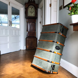 Good looking Edwardian Steamer Trunk in fantastic condition. Finished in a green applied hessian with beautifully rich bent wood straps. It has two lockable latches with a key, and a central main latch all finished in black. There are two thick leather carry handles on each end - SHOP NOW - www.intovintage.co.uk