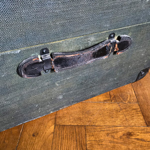 Good looking Edwardian Steamer Trunk in fantastic condition. Finished in a green applied hessian with beautifully rich bent wood straps. It has two lockable latches with a key, and a central main latch all finished in black. There are two thick leather carry handles on each end - SHOP NOW - www.intovintage.co.uk