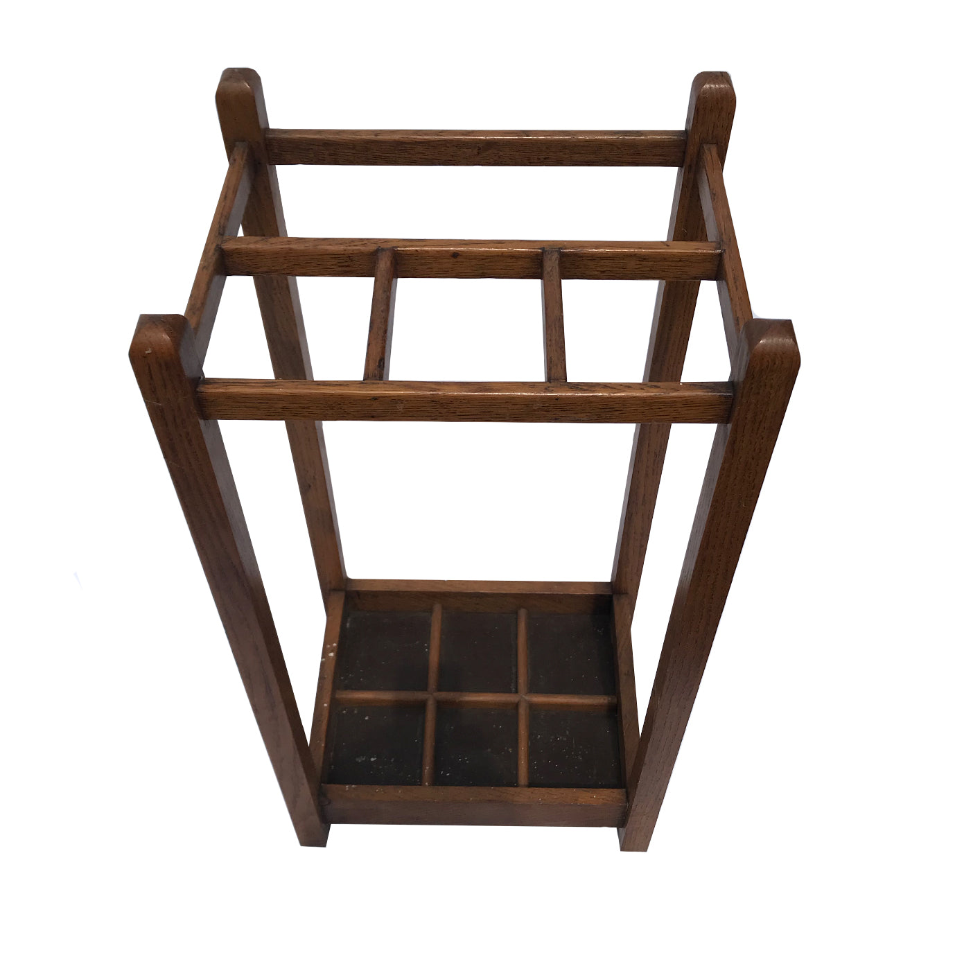 Good sized antique oak framed umbrella and walking stick stand. Strong and solid with a beautiful rich, warm colour - SHOP NOW - www.intovintage.co.uk