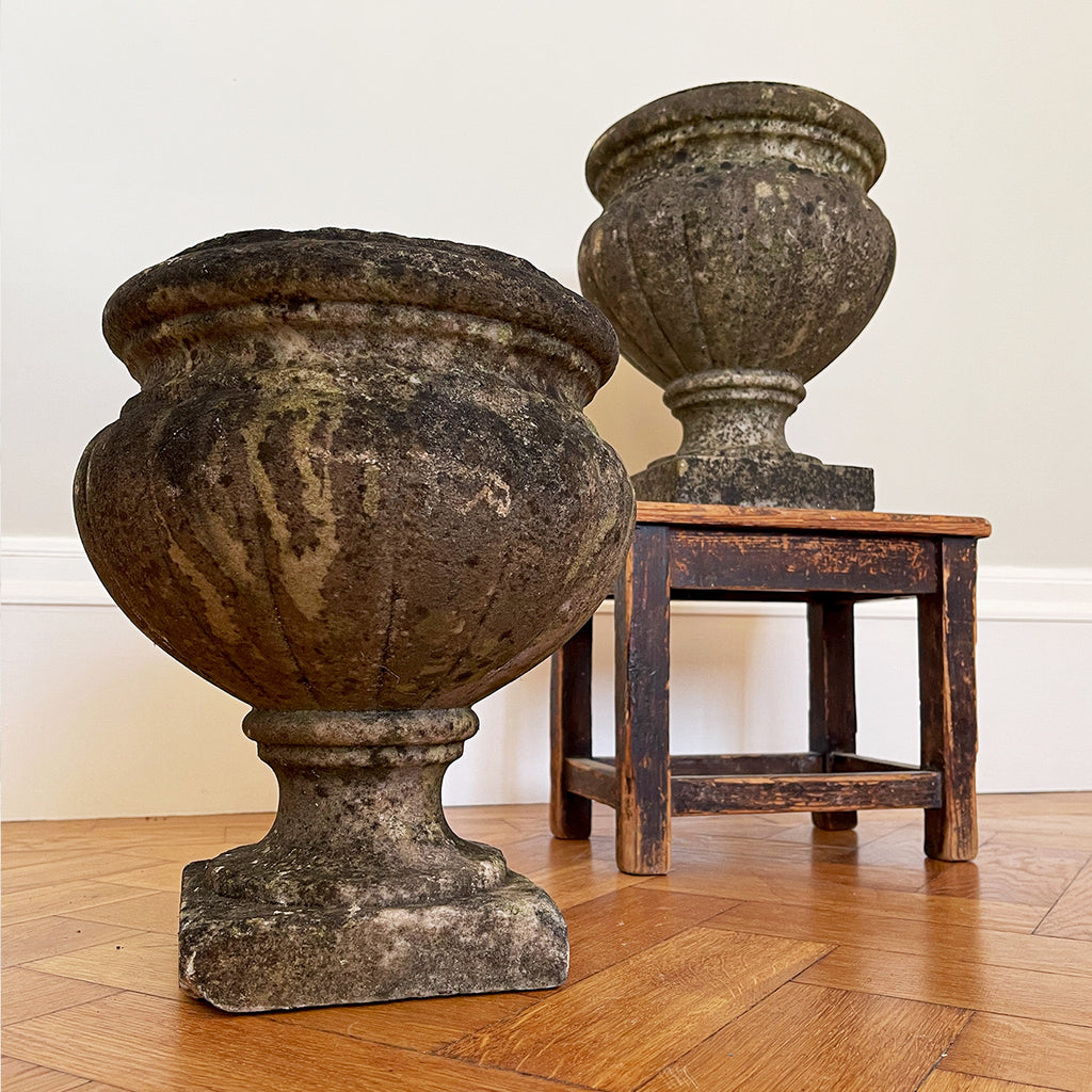 A pair of 19th century marble garden urns of classical form with a good covering of lichen. Crafted with classic proportions and shape. Both have& drainage holes. These can be used in the garden or as planters. Equally as decorative in an interior setting. Dating to c.1880 - SHOP NOW - www.intovintage.co.uk