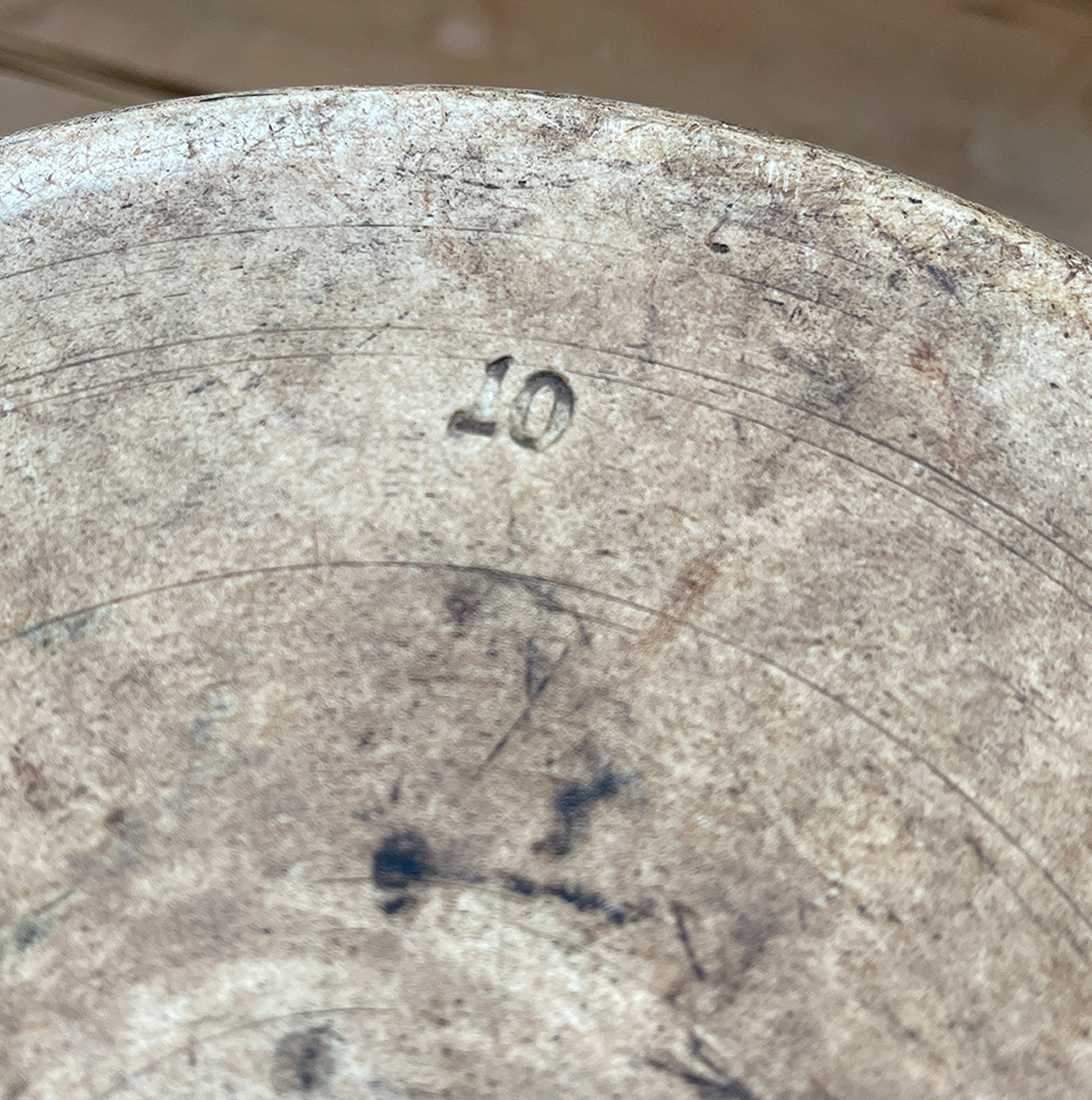 A large, time worn Mortice & Pestle in a cream stoneware. Comes with a large wooden pestle. Marked '10' on the base. A beautiful piece for the kitchen.  - SHOP NOW - www.intovintage.co.uk