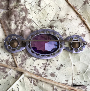 Beautiful quality Victorian brooch with a pale purple cut glass centre gem that is surrounded by a fabulous cut glass diamond studded border with two larger cut glass diamonds at each end - SHOP NOW - www.intovintage.co.uk