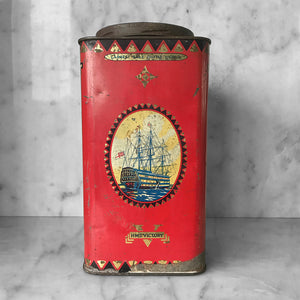 Antique Victory-V lozenge tin with glass window panel to the front, dating to around 1920. The tin has two lithographed panels to the sides, one being a fantastic image of the companies trademark sailor 'Jolly Jack', the other being an image of Horatio Nelson's Battle of Trafalgar flagship H.M.S. Victory.- SHOP NOW - www.intovintage.co.uk