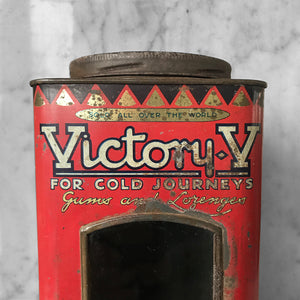 Antique Victory-V lozenge tin with glass window panel to the front, dating to around 1920. The tin has two lithographed panels to the sides, one being a fantastic image of the companies trademark sailor 'Jolly Jack', the other being an image of Horatio Nelson's Battle of Trafalgar flagship H.M.S. Victory.- SHOP NOW - www.intovintage.co.uk