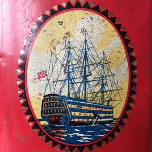 Antique Victory-V lozenge tin with glass window panel to the front, dating to around 1920. The tin has two lithographed panels to the sides, one being a fantastic image of the companies trademark sailor 'Jolly Jack', the other being an image of Horatio Nelson's Battle of Trafalgar flagship H.M.S. Victory.- SHOP NOW - www.intovintage.co.uk