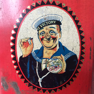 Antique Victory-V lozenge tin with glass window panel to the front, dating to around 1920. The tin has two lithographed panels to the sides, one being a fantastic image of the companies trademark sailor 'Jolly Jack', the other being an image of Horatio Nelson's Battle of Trafalgar flagship H.M.S. Victory.- SHOP NOW - www.intovintage.co.uk