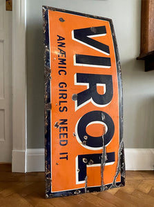 A 1930s Virol Enamel Sign with the rarer 'ANAEMIC GIRLS NEED IT' type. In a fantastic bright warm yellow with dark blue type and a white drop shadow and a dark blue border - SHOP NOW - www.intovintage.co.uk