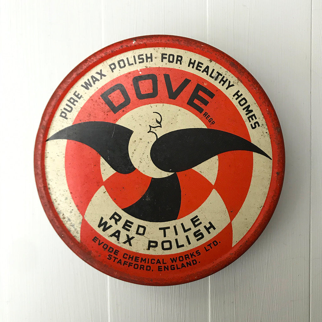 Vintage Dove Red Tile Wax Polish Tin with its original contents. With a beautiful dove design to the front in 3 colour print. A beautiful tin - SHOP NOW - www.intovintage.co.uk