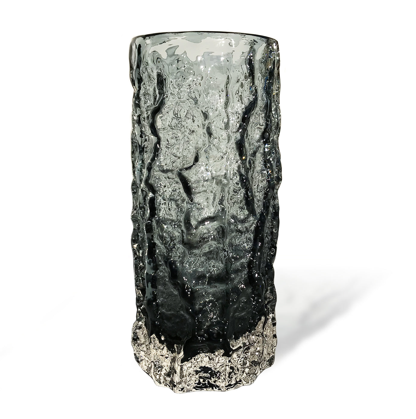Whitefriars pewter glass cylindrical 7.5" 'Bark' vase, from the 'Textured' range, designed by Geoffrey Baxter - SHOP NOW - www.intovintage.co.uk