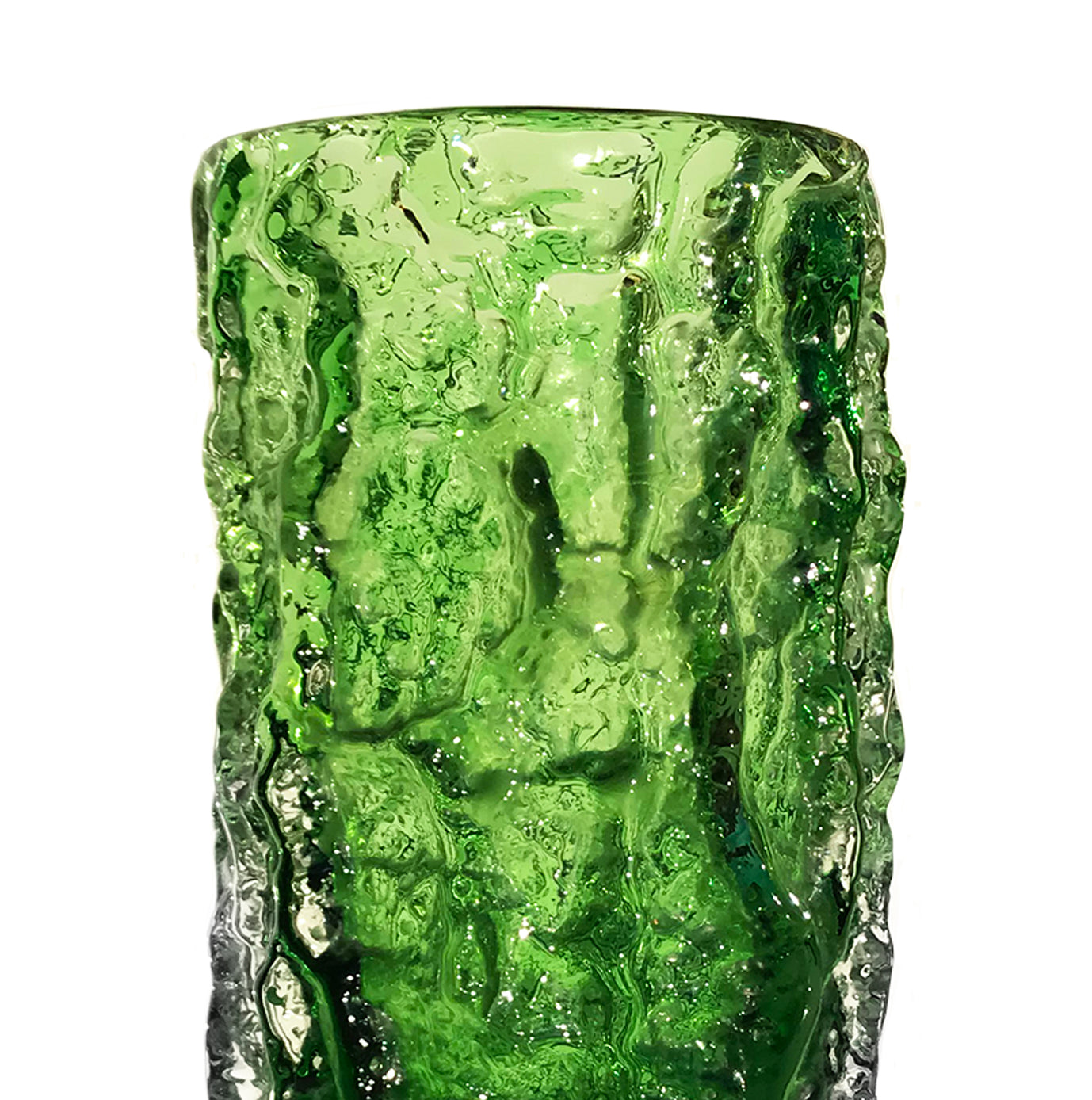 Whitefriars Meadow Green glass cylindrical 7.5" 'Bark' vase, from the 'Textured' range, designed by Geoffrey Baxter - SHOP NOW - www.intovintage.co.uk