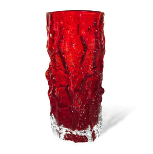 Whitefriars Ruby Red glass cylindrical 7.5" 'Bark' vase, from the 'Textured' range, designed by Geoffrey Baxter - SHOP NOW - www.intovintage.co.uk