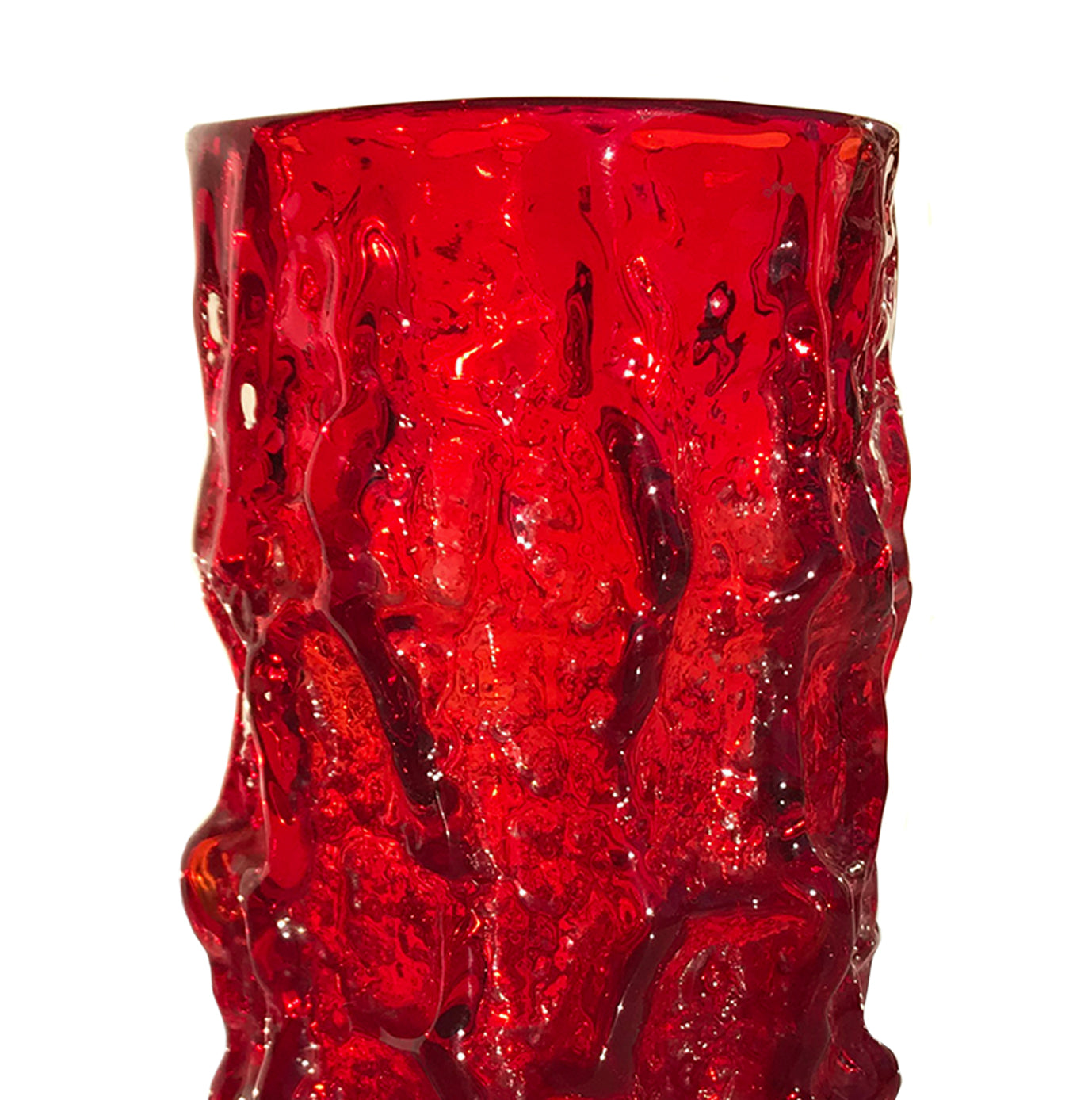 Whitefriars Ruby Red glass cylindrical 7.5" 'Bark' vase, from the 'Textured' range, designed by Geoffrey Baxter - SHOP NOW - www.intovintage.co.uk