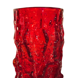 Whitefriars Ruby Red glass cylindrical 7.5" 'Bark' vase, from the 'Textured' range, designed by Geoffrey Baxter - SHOP NOW - www.intovintage.co.uk