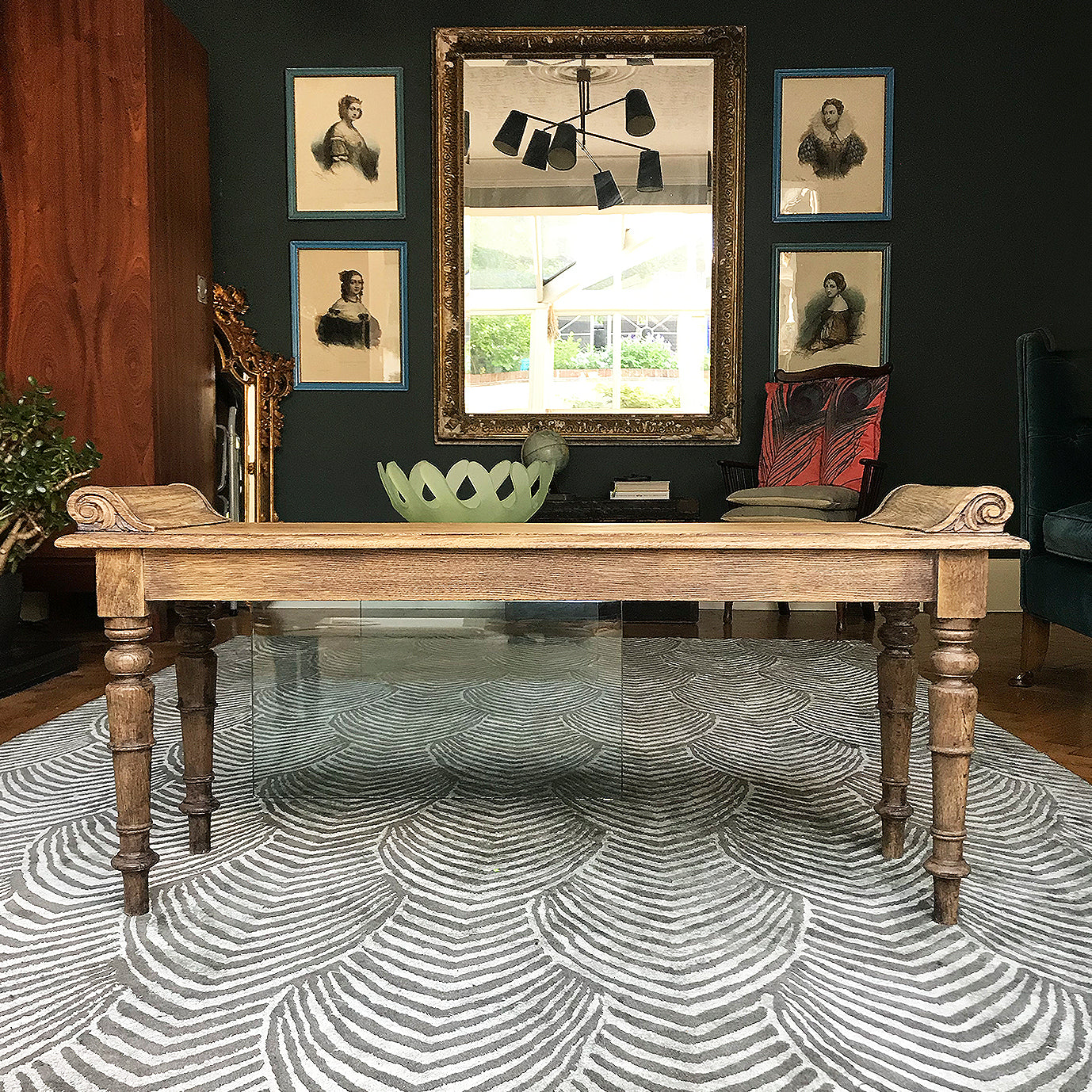 Scroll top window seat in oak. A practical and versatile size, perfect for the hallway, end of a double bed or in the bay of a window. Detailed scroll work to the top corners with good looking turned legs - SHOP NOW - www.intovintage.co.uk