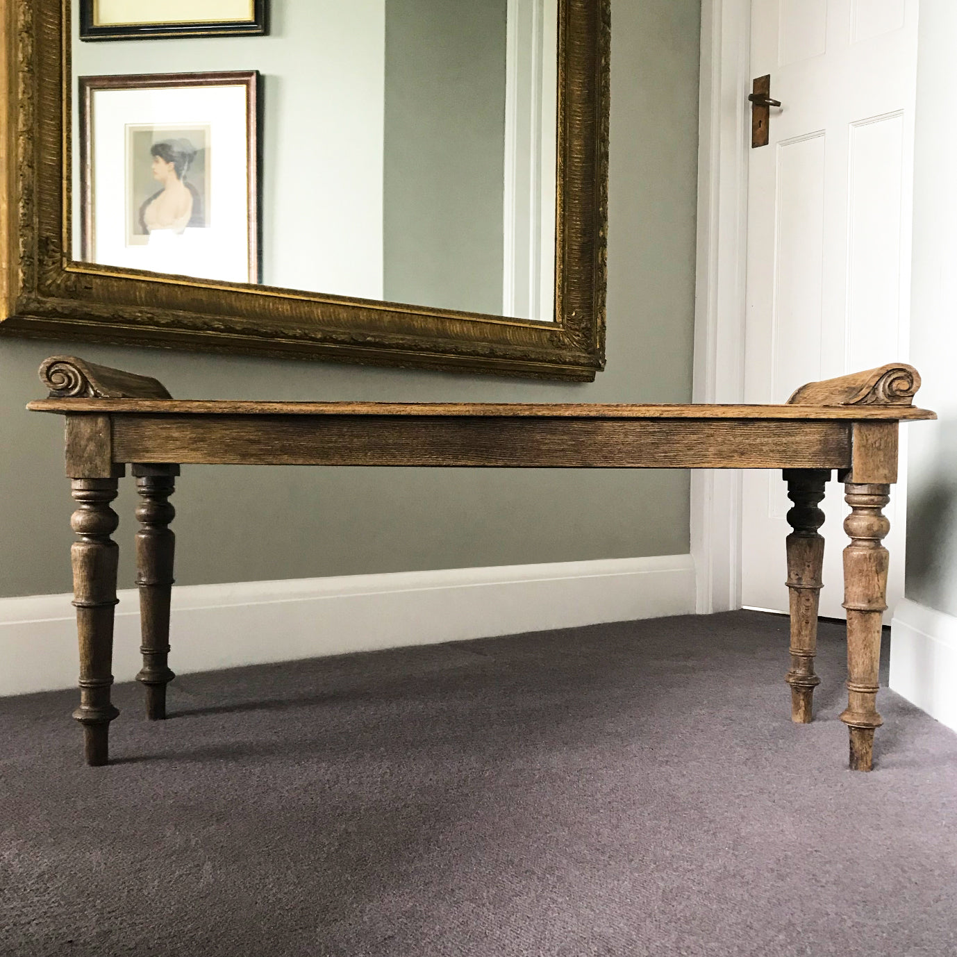 Scroll top window seat in oak. A practical and versatile size, perfect for the hallway, end of a double bed or in the bay of a window. Detailed scroll work to the top corners with good looking turned legs - SHOP NOW - www.intovintage.co.uk